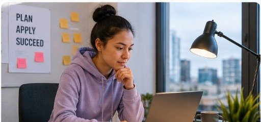 A young woman studying independently at a laptop at her desk
