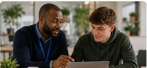 A mentor and younger apprentice working together at a laptop in a bright office
