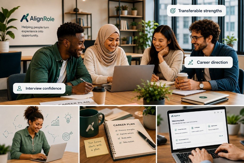 Graduates and career changers collaborating around a laptop in a warm modern workspace
